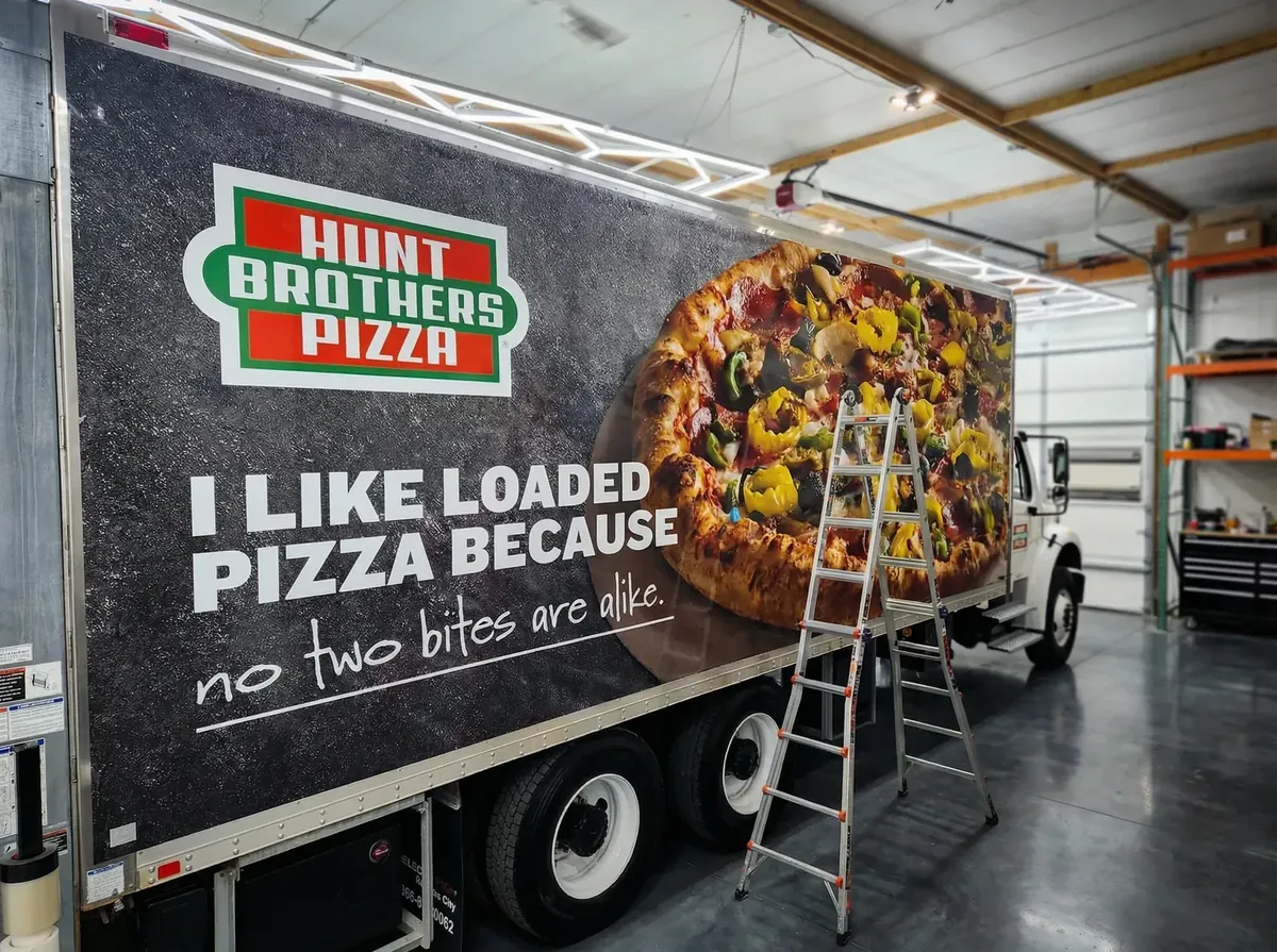 Hunt Brothers pizza box truck mid-installation at the Chicago Fleet Wraps shop with ladders and tools visible